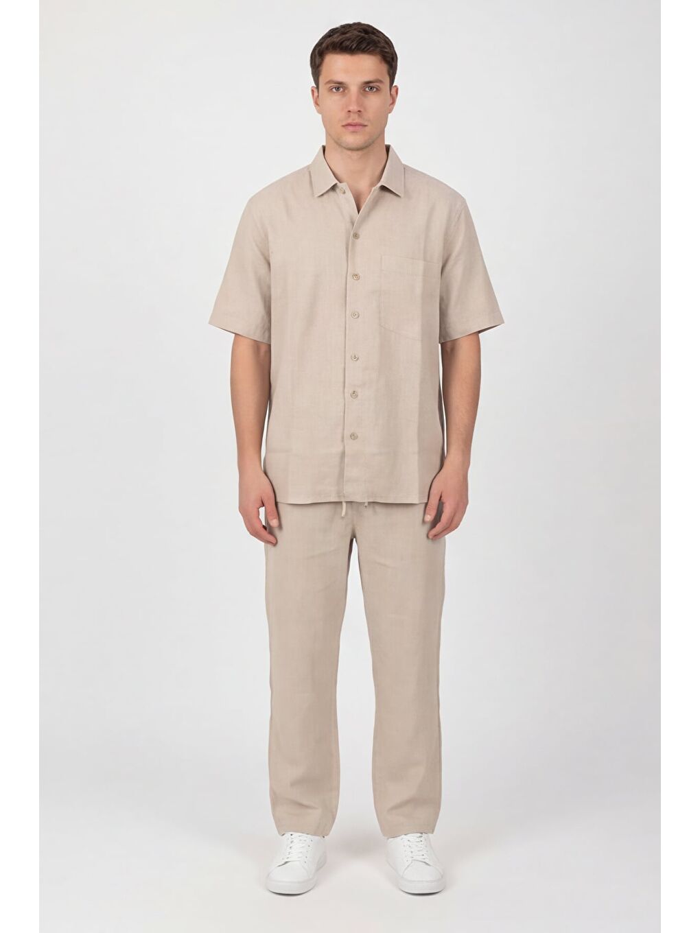 Giotelli Bej Normal Kesim Regular Fit Pamuklu Dokuma Lastikli Bel Kamp Yaka Takım-1