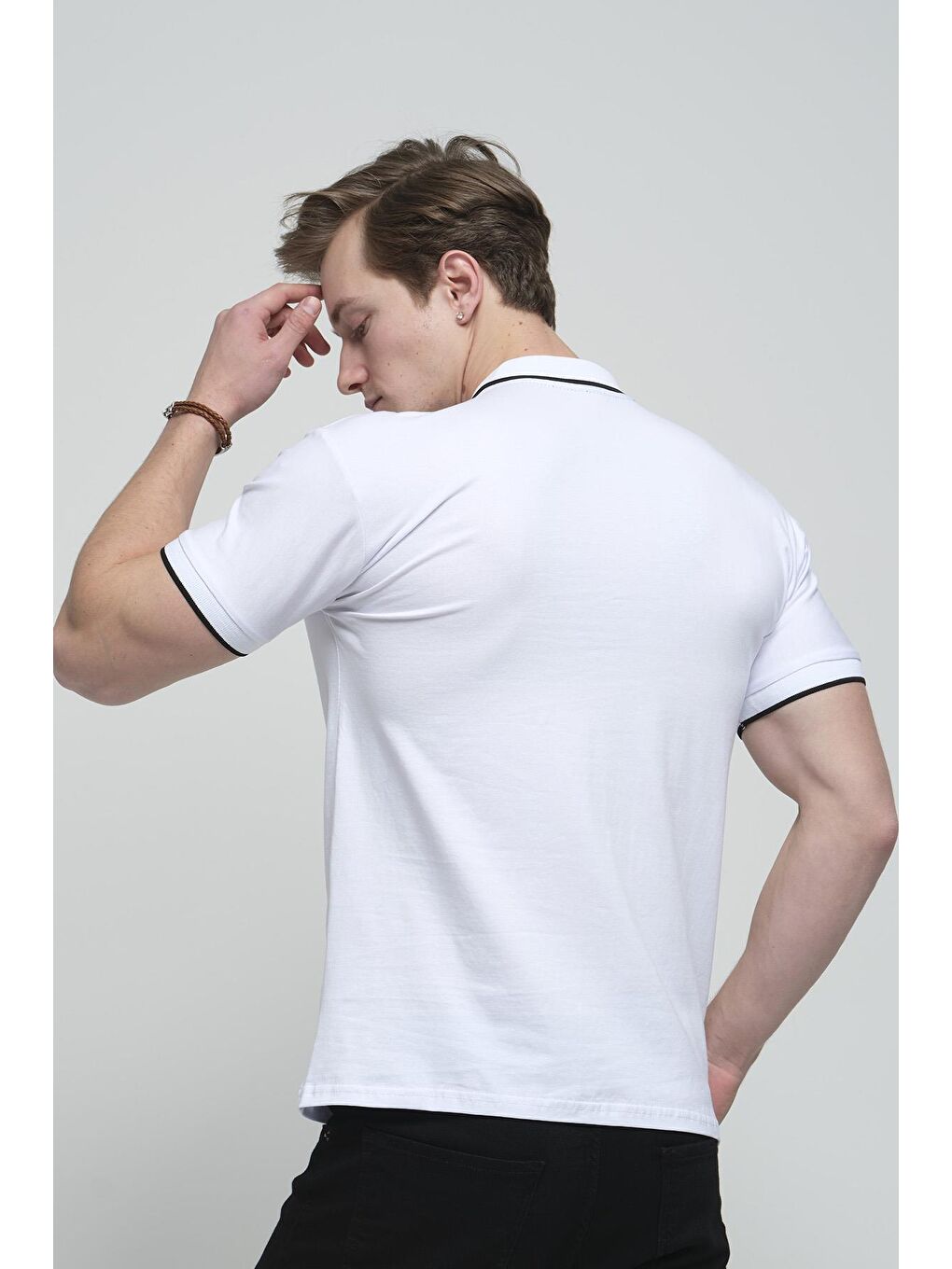 Beyaz Colton Yakası Biyeli Likralı Slim Fit Erkek Polo Yaka Tişört-3