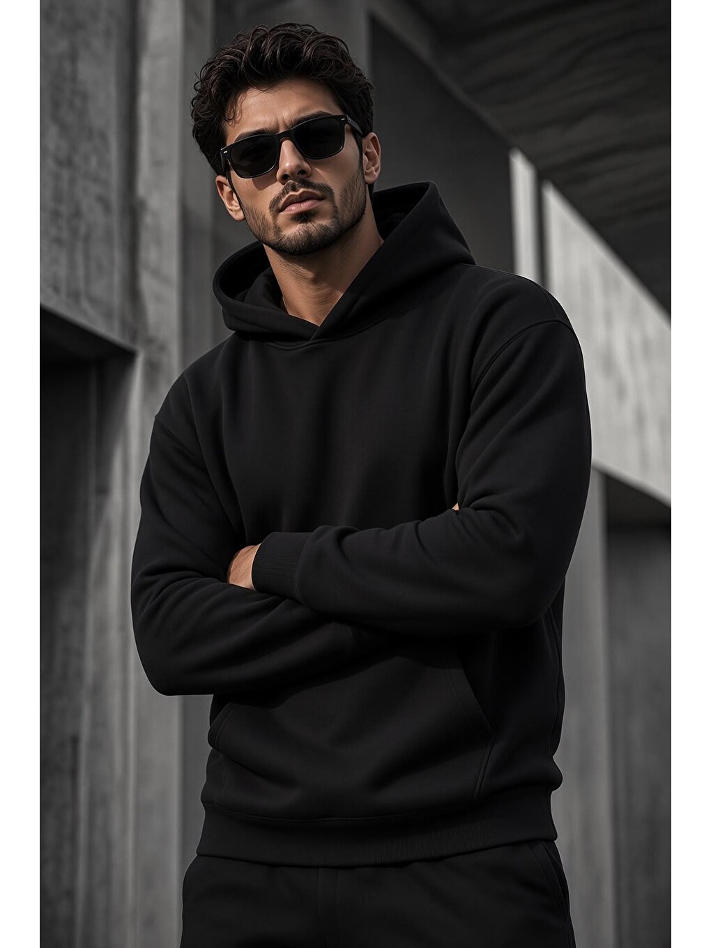 Siyah Bery Erkek İki İplik Şardonlu Kapüşonlu Basic Sweatshirt | Kanguru Cepli Düz Renk Günlük Hoodie-1