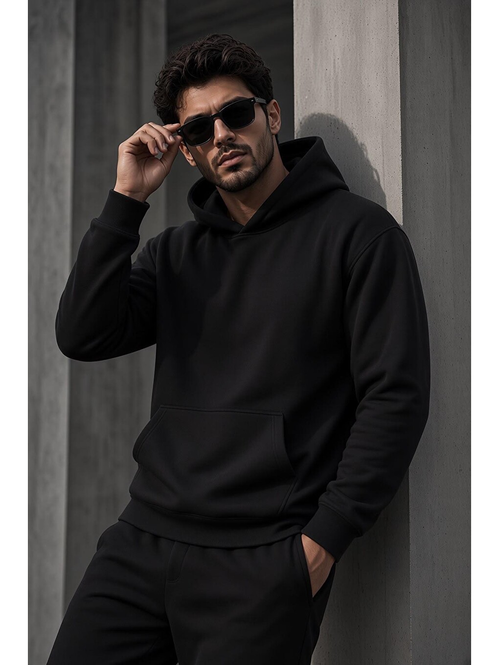 Siyah Bery Erkek İki İplik Şardonlu Kapüşonlu Basic Sweatshirt | Kanguru Cepli Düz Renk Günlük Hoodie-2