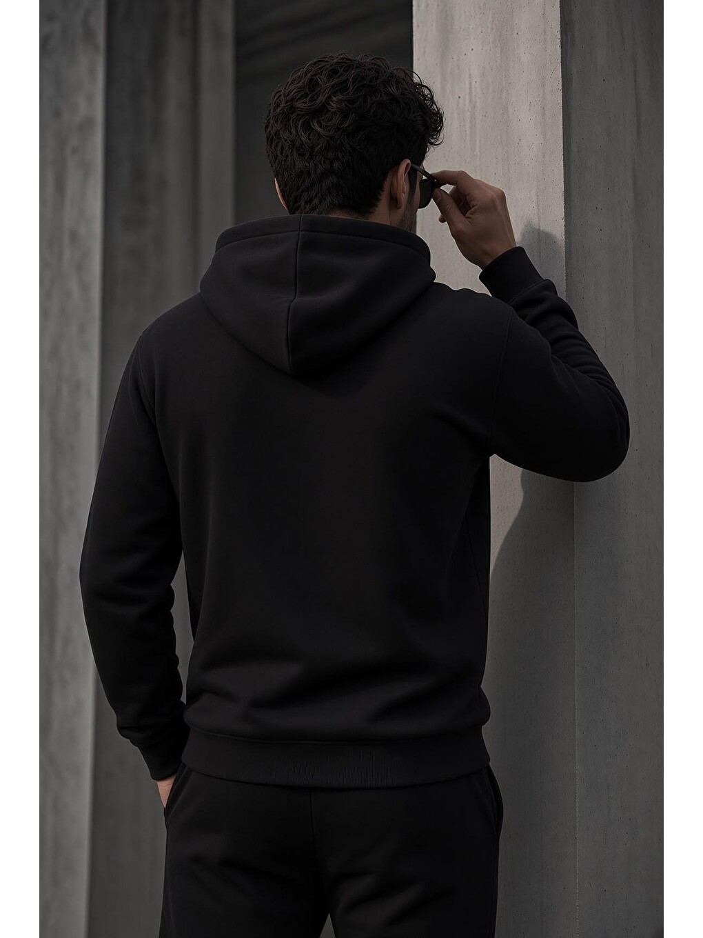 Siyah Bery Erkek İki İplik Şardonlu Kapüşonlu Basic Sweatshirt | Kanguru Cepli Düz Renk Günlük Hoodie-3