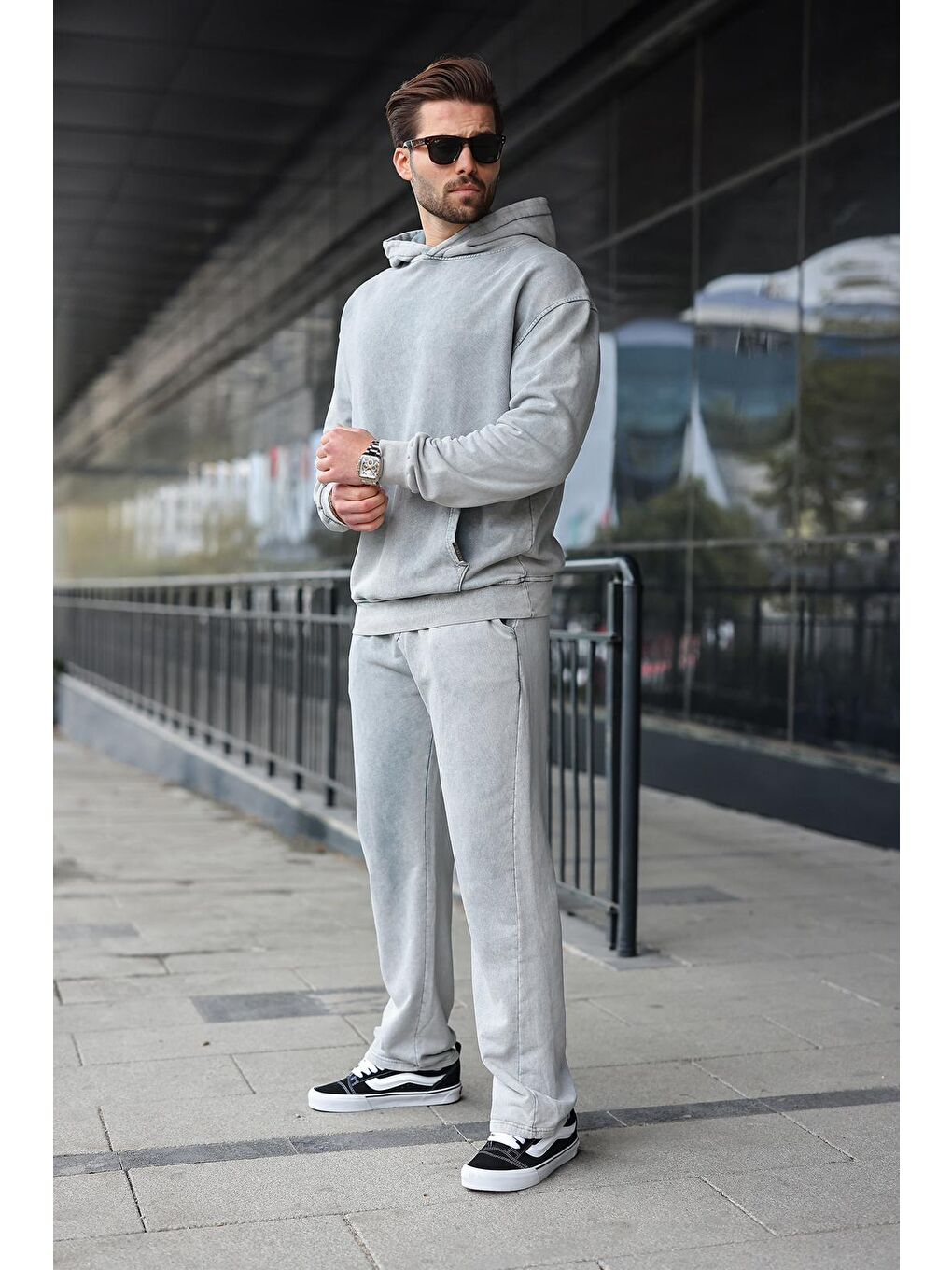 Boyalı Gri Kanguru Cep Kapüşonlu Erkek Eşofman Takımı E7341-1