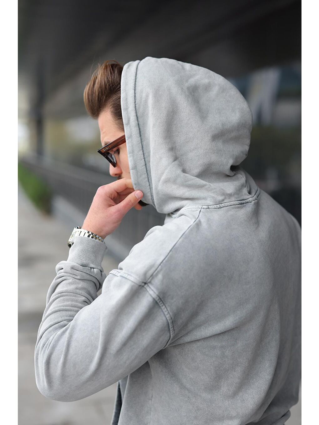 Boyalı Gri Kanguru Cep Kapüşonlu Erkek Eşofman Takımı E7341-2