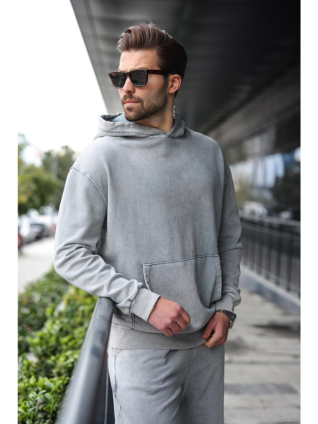 Boyalı Gri Kanguru Cep Kapüşonlu Erkek Eşofman Takımı E7341-3