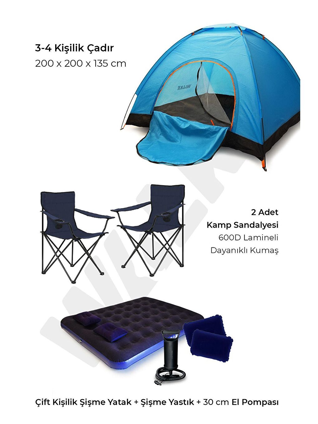 Mavi Lüks Kamp Seti 4 Kişilik Çadır Çift Kişilik Yatak 2 Adet Lacivert Sandalye 2 Yastık Pompa