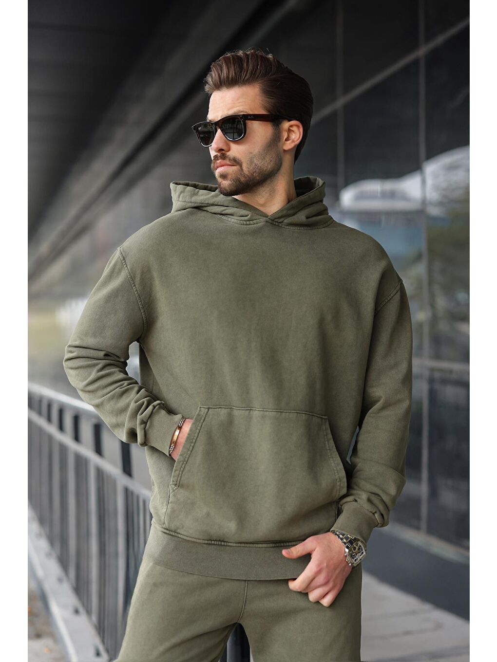 Yeşil Kanguru Cep Kapüşonlu Erkek Eşofman Takımı E7341-2