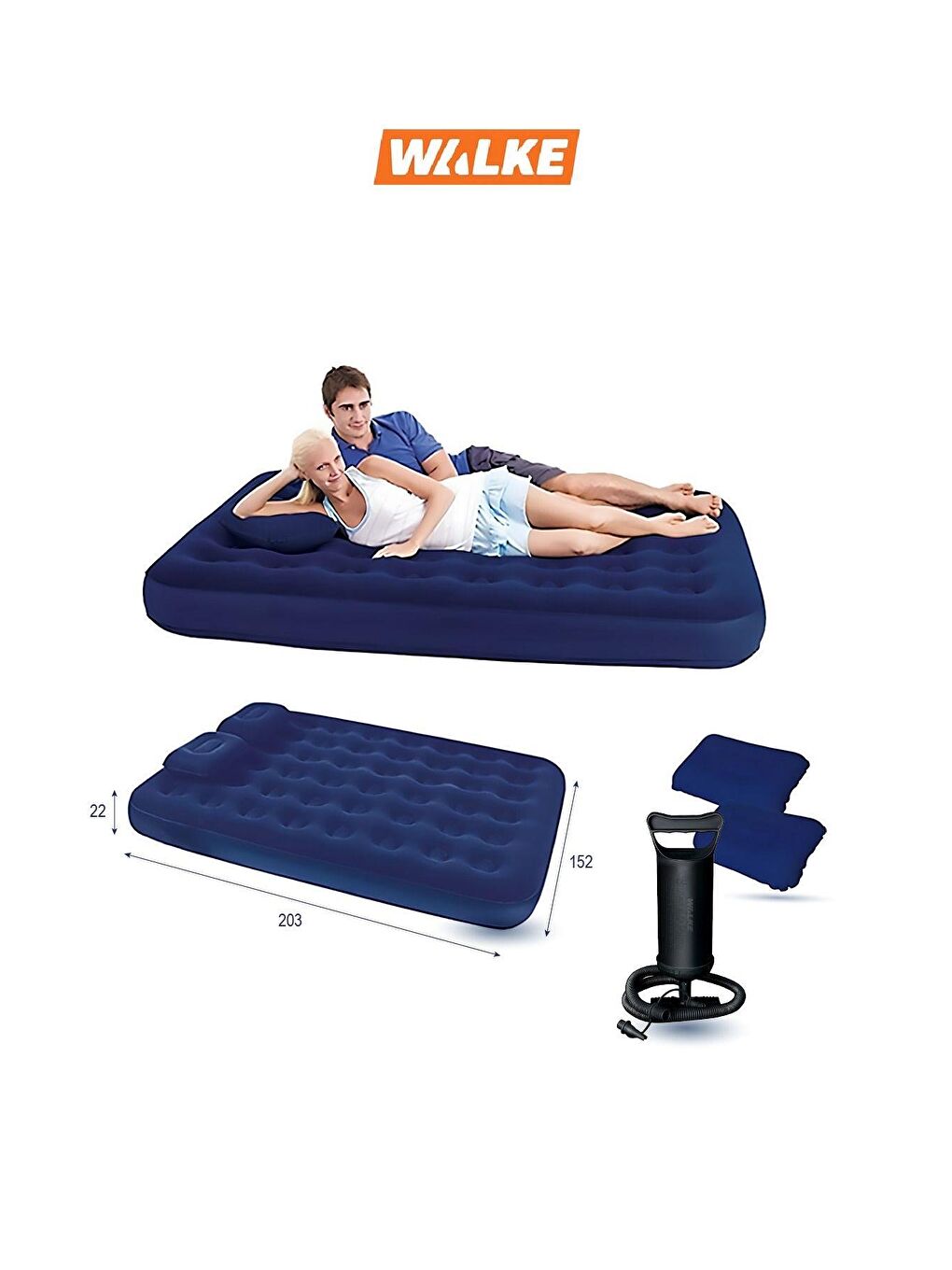 Mavi King Çift Kişilik Şişme Yatak Seti (2 Yastık + Pompa Dahil) 203*152*22 CM 2210