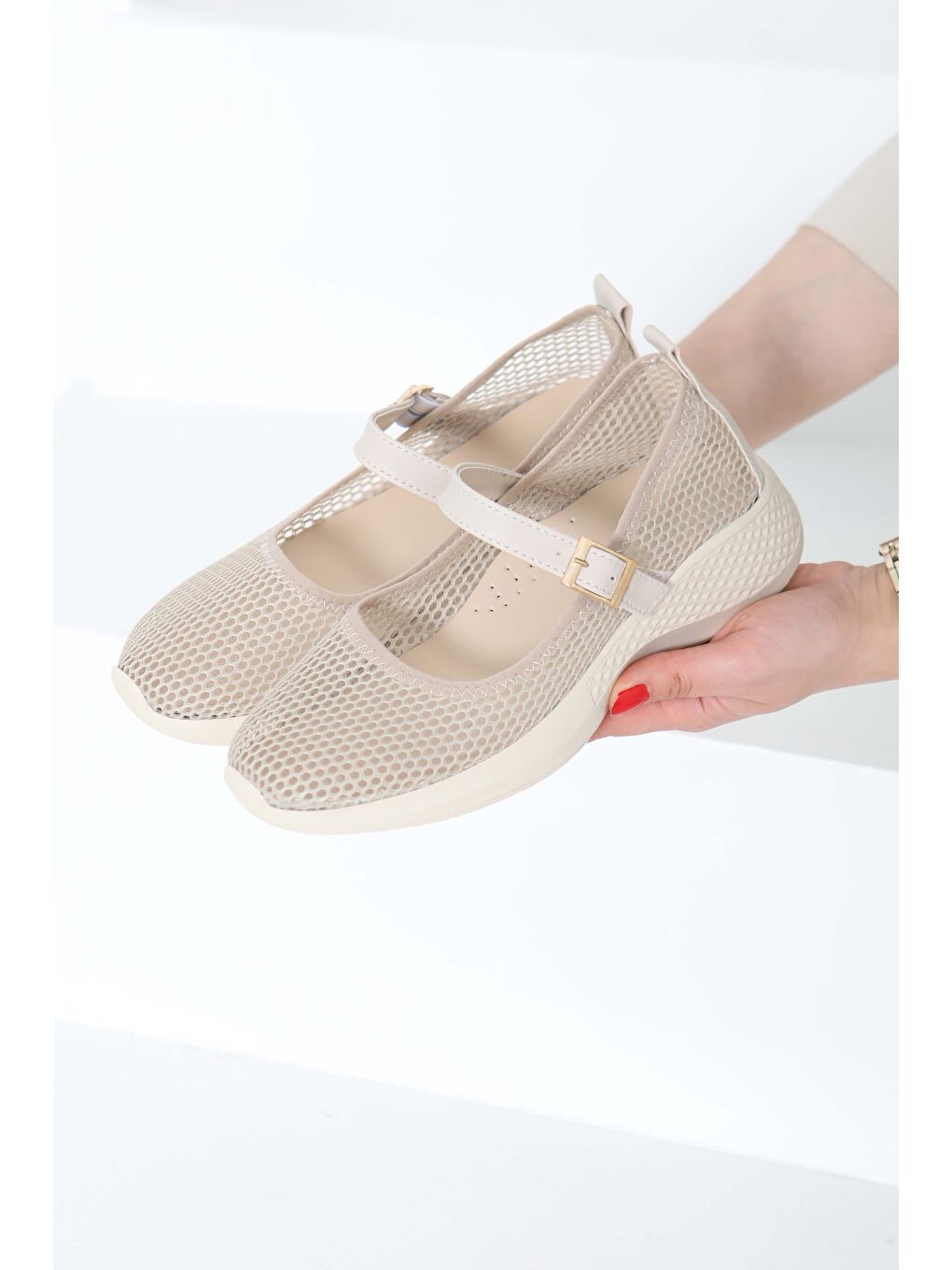 Kadın Bej Kemerli File Babet Ayakkabı - 27144-4