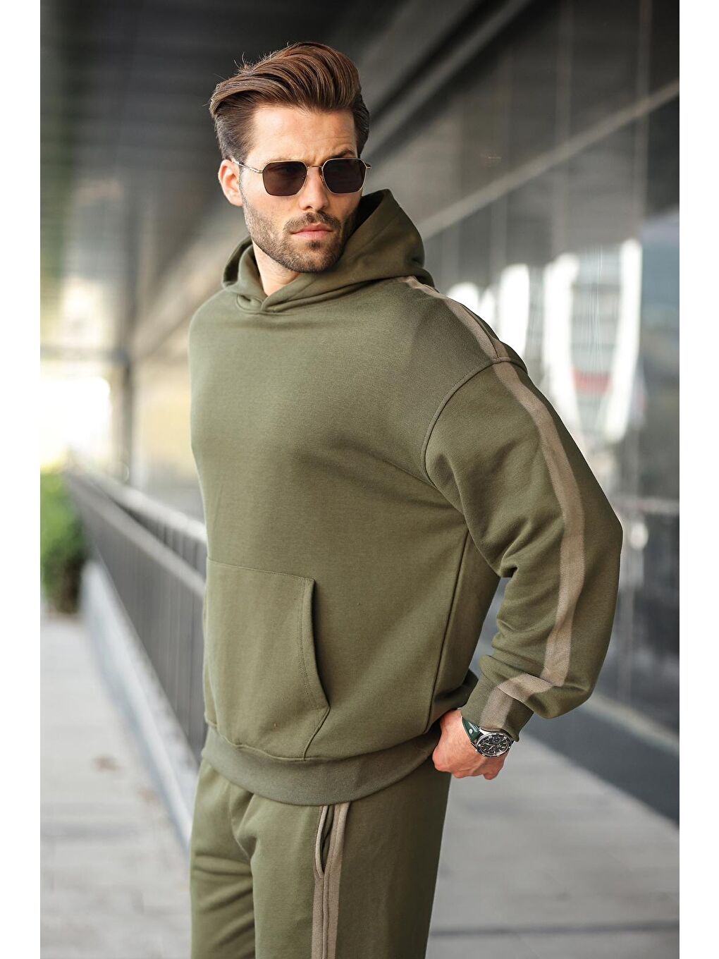 Haki Kanguru Cep Kapüşonlu Erkek Eşofman Takımı E7336-1