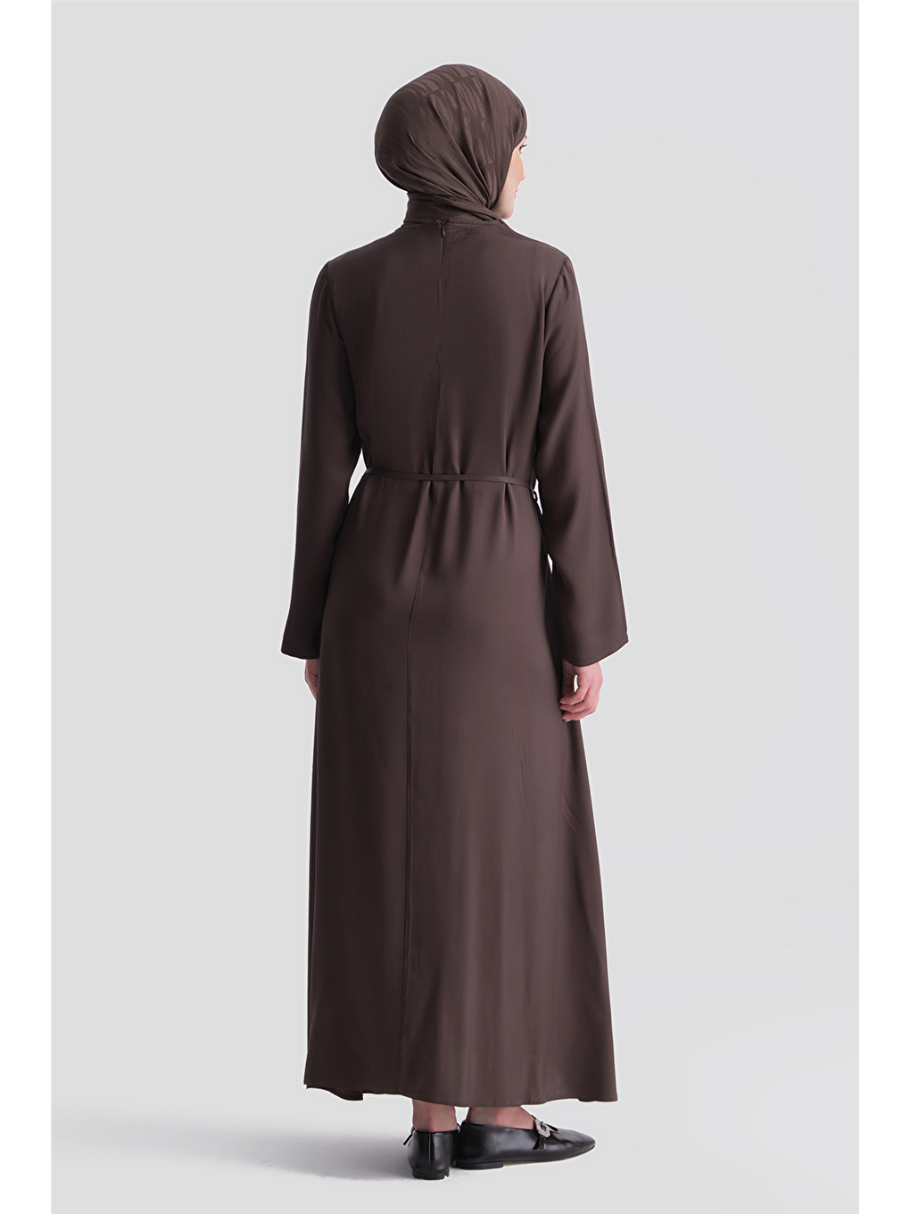Kahverengi Kuşaklı Viskon Saten Elbise Acı Kahve-3
