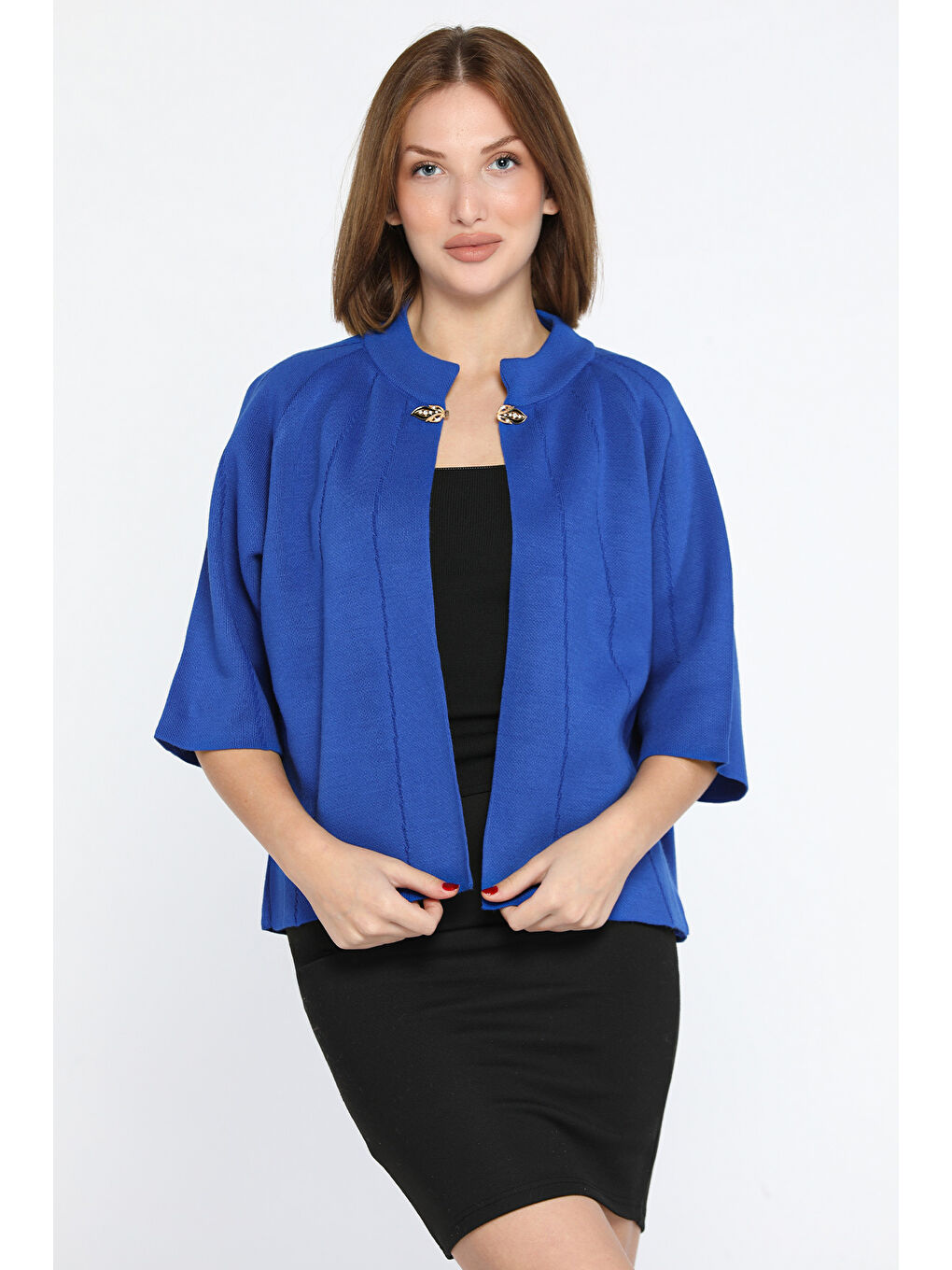 Mavi Kadın Yaka Bronşlu Kendinden Desenli Triko Hırka