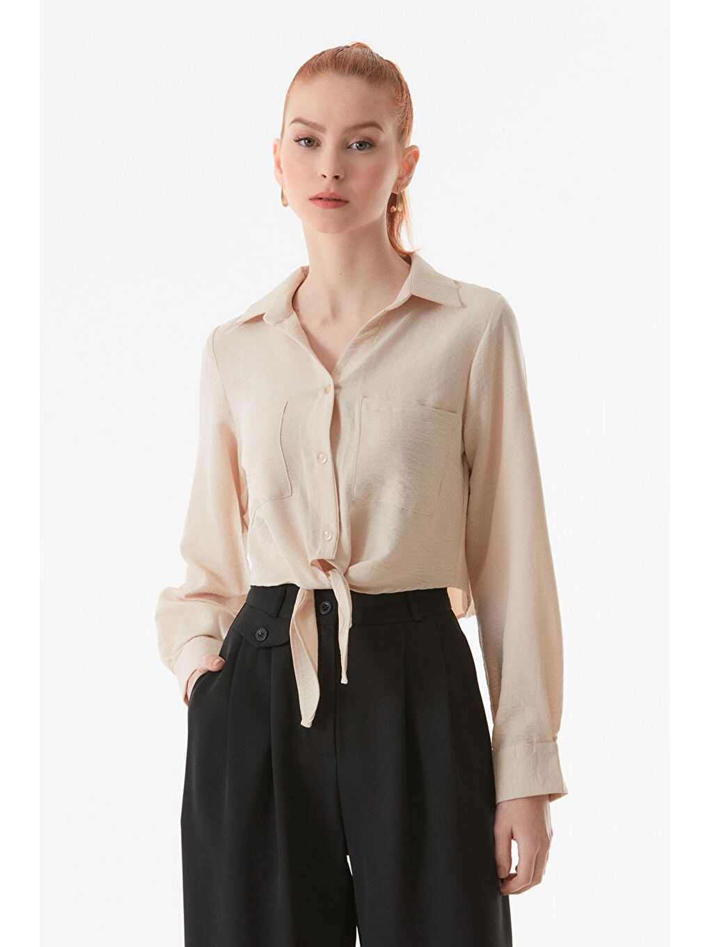Bej Önü Bağlamalı Crop Gömlek-3