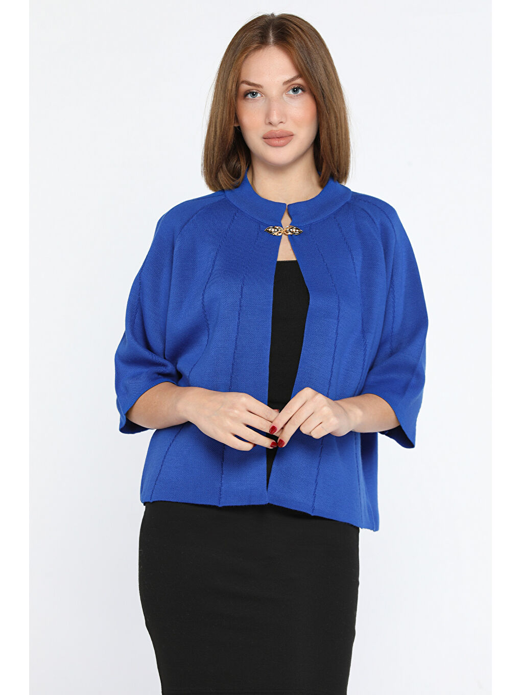 Mavi Kadın Yaka Bronşlu Kendinden Desenli Triko Hırka-1