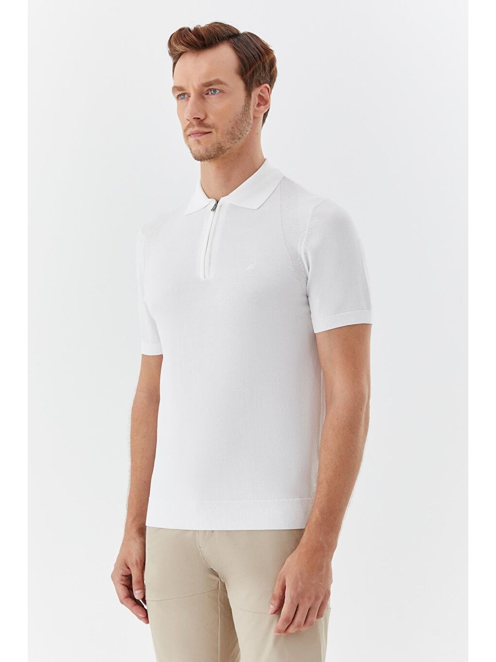 Ekru Regular Fit Triko Polo Yaka Dokulu Tişört-2