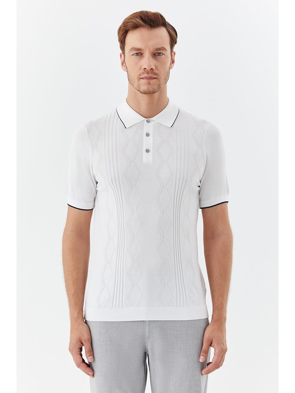 Erkek Ekru Düz Triko Polo Yaka Regular Fit Tişört