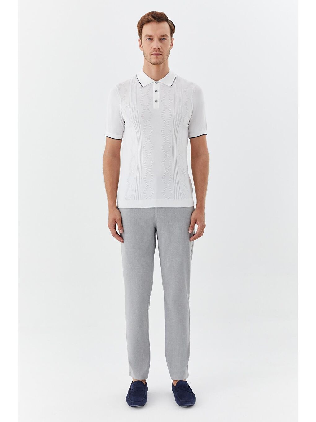 Erkek Ekru Düz Triko Polo Yaka Regular Fit Tişört-1