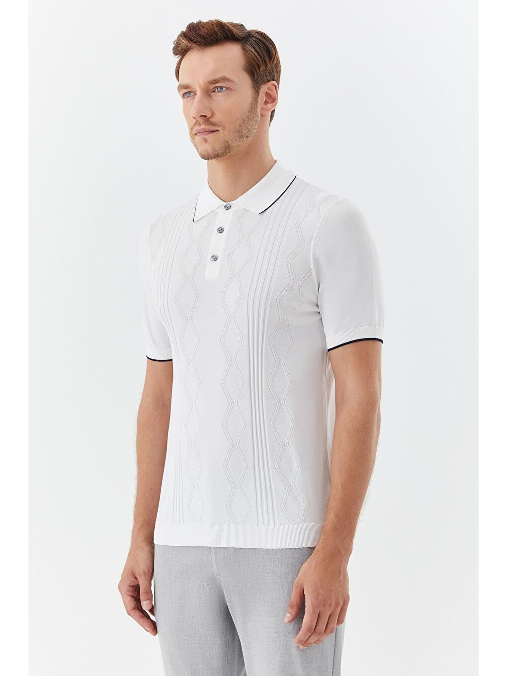 Erkek Ekru Düz Triko Polo Yaka Regular Fit Tişört-2