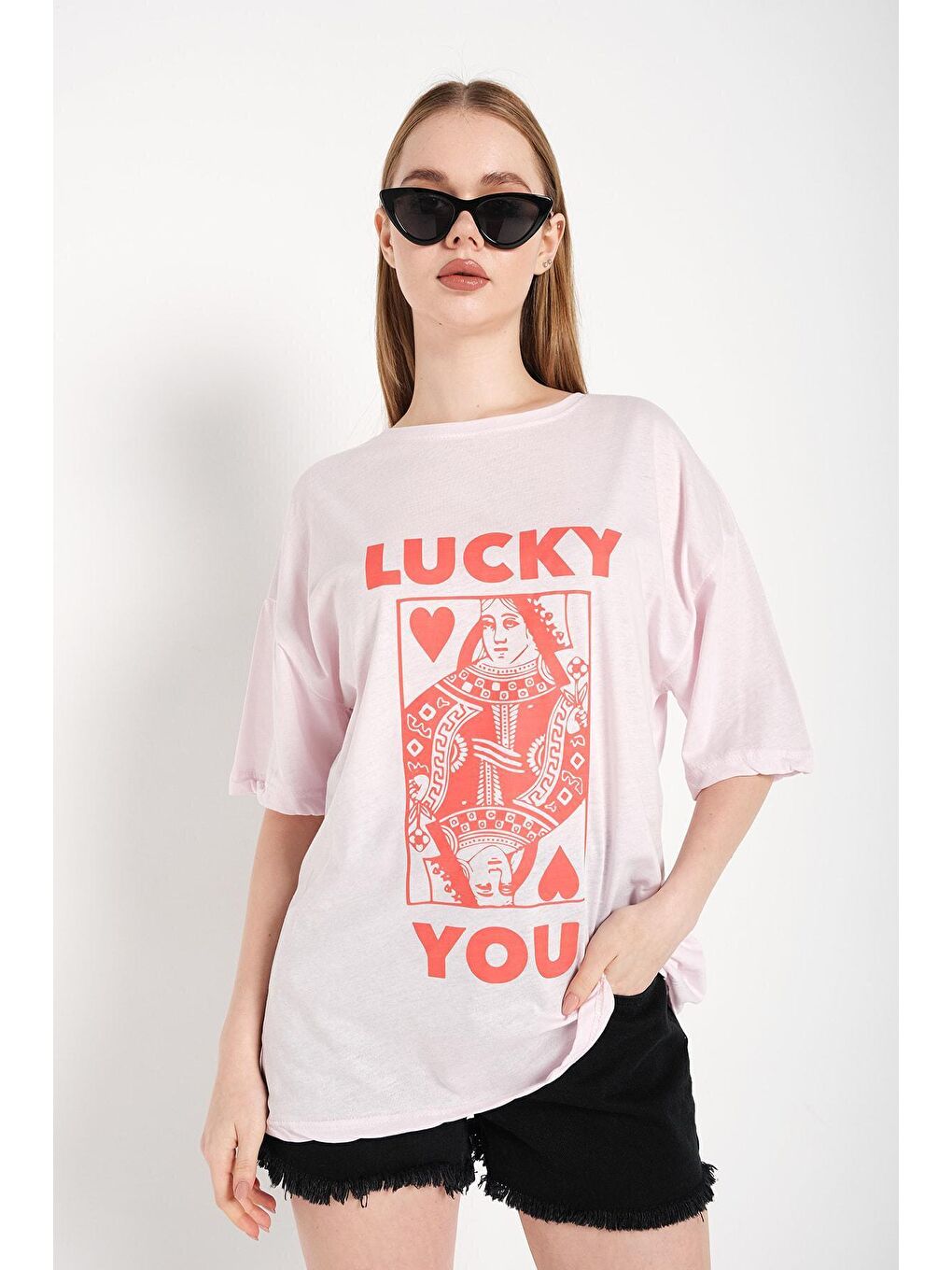 Trendseninle Pembe Kadın Oversize Pudra Pembe Lucky You Baskılı Tişört