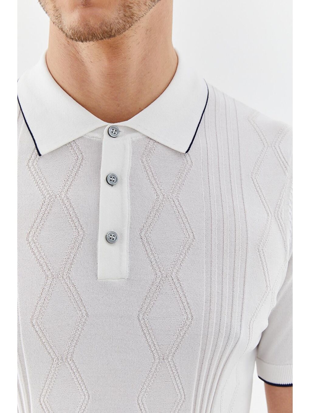 Erkek Ekru Düz Triko Polo Yaka Regular Fit Tişört-3