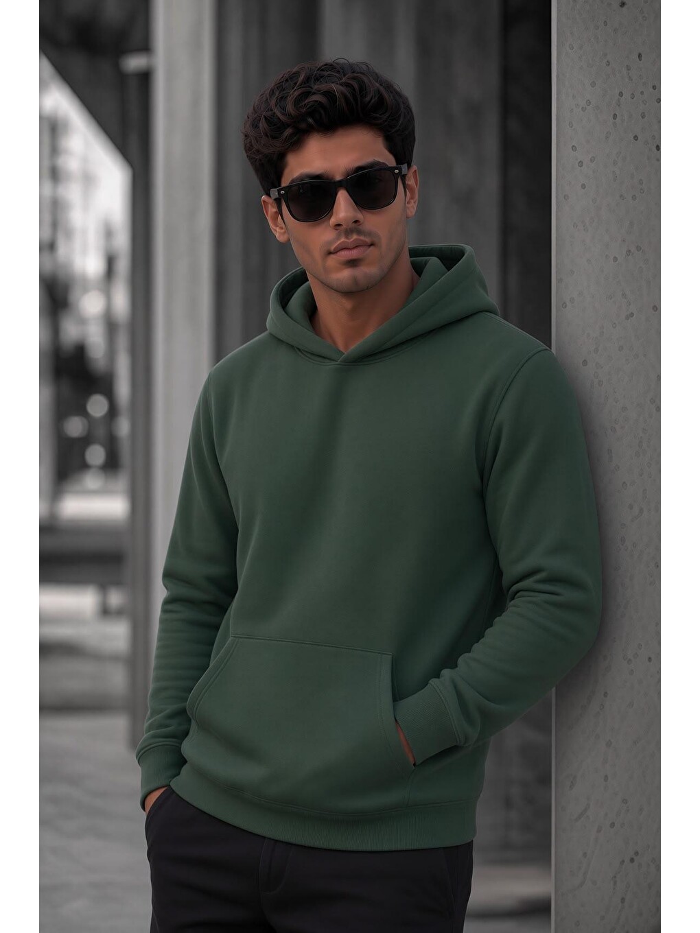 Yeşil Bery Erkek İki İplik Şardonlu Kapüşonlu Basic Sweatshirt | Kanguru Cepli Düz Renk Günlük Hoodie