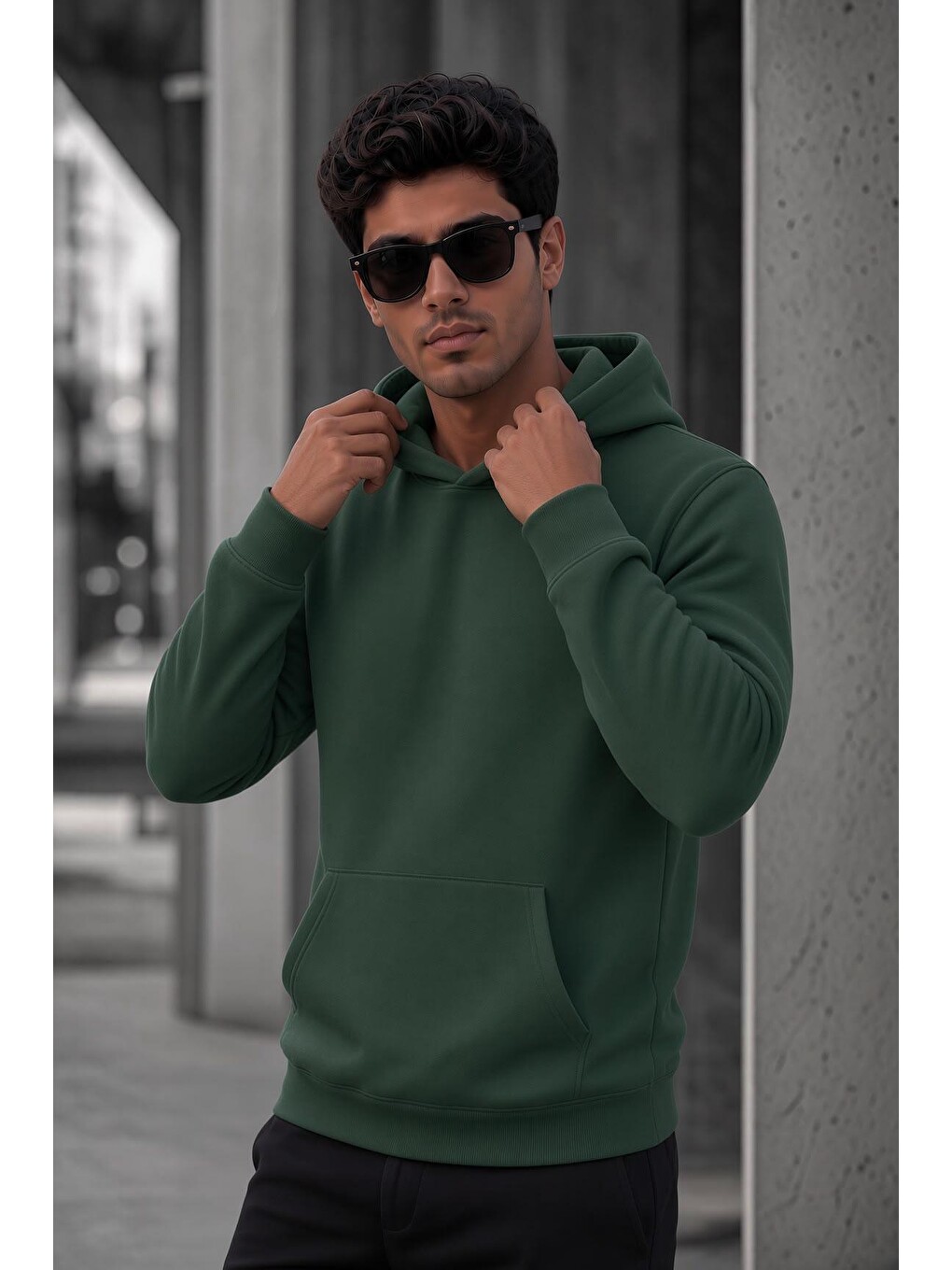 Yeşil Bery Erkek İki İplik Şardonlu Kapüşonlu Basic Sweatshirt | Kanguru Cepli Düz Renk Günlük Hoodie-1