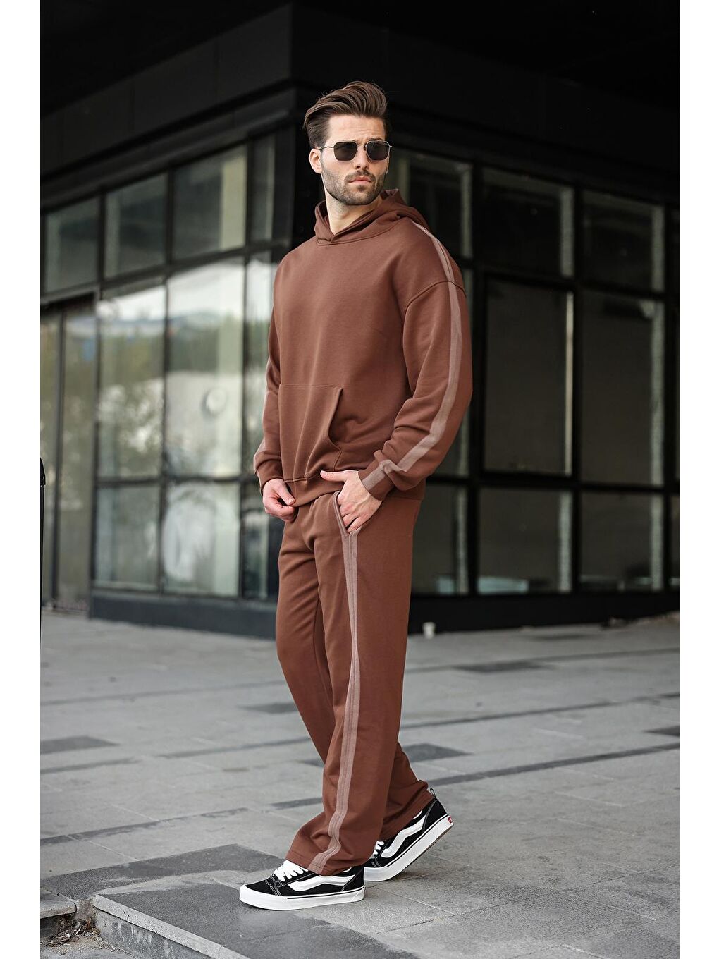 Acı Kahverengi Kanguru Cep Kapüşonlu Erkek Eşofman Takımı E7336-1