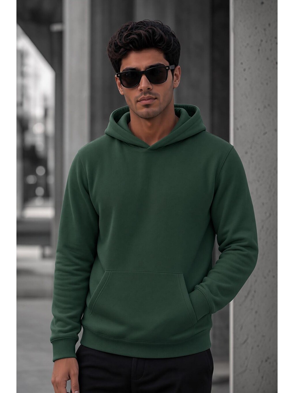 Yeşil Bery Erkek İki İplik Şardonlu Kapüşonlu Basic Sweatshirt | Kanguru Cepli Düz Renk Günlük Hoodie-2