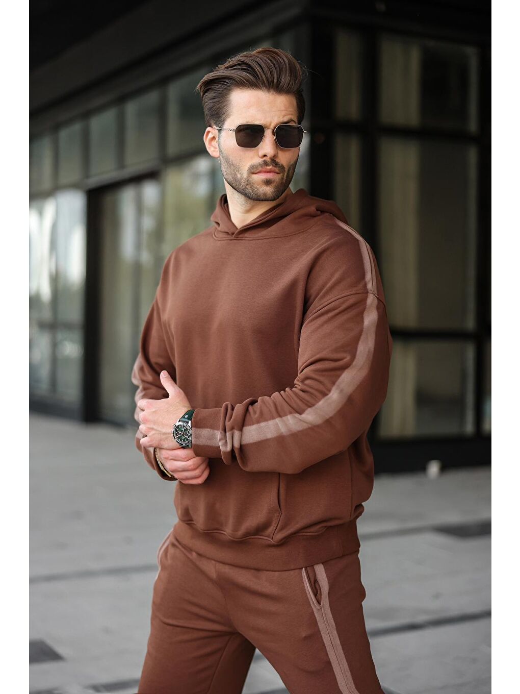 Acı Kahverengi Kanguru Cep Kapüşonlu Erkek Eşofman Takımı E7336-2