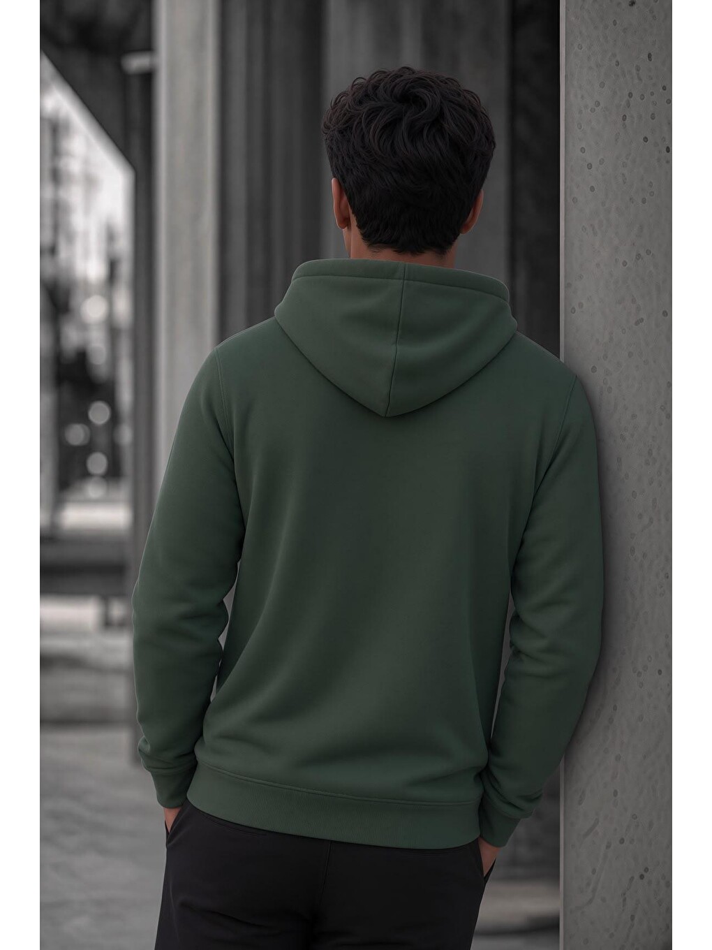 Yeşil Bery Erkek İki İplik Şardonlu Kapüşonlu Basic Sweatshirt | Kanguru Cepli Düz Renk Günlük Hoodie-3
