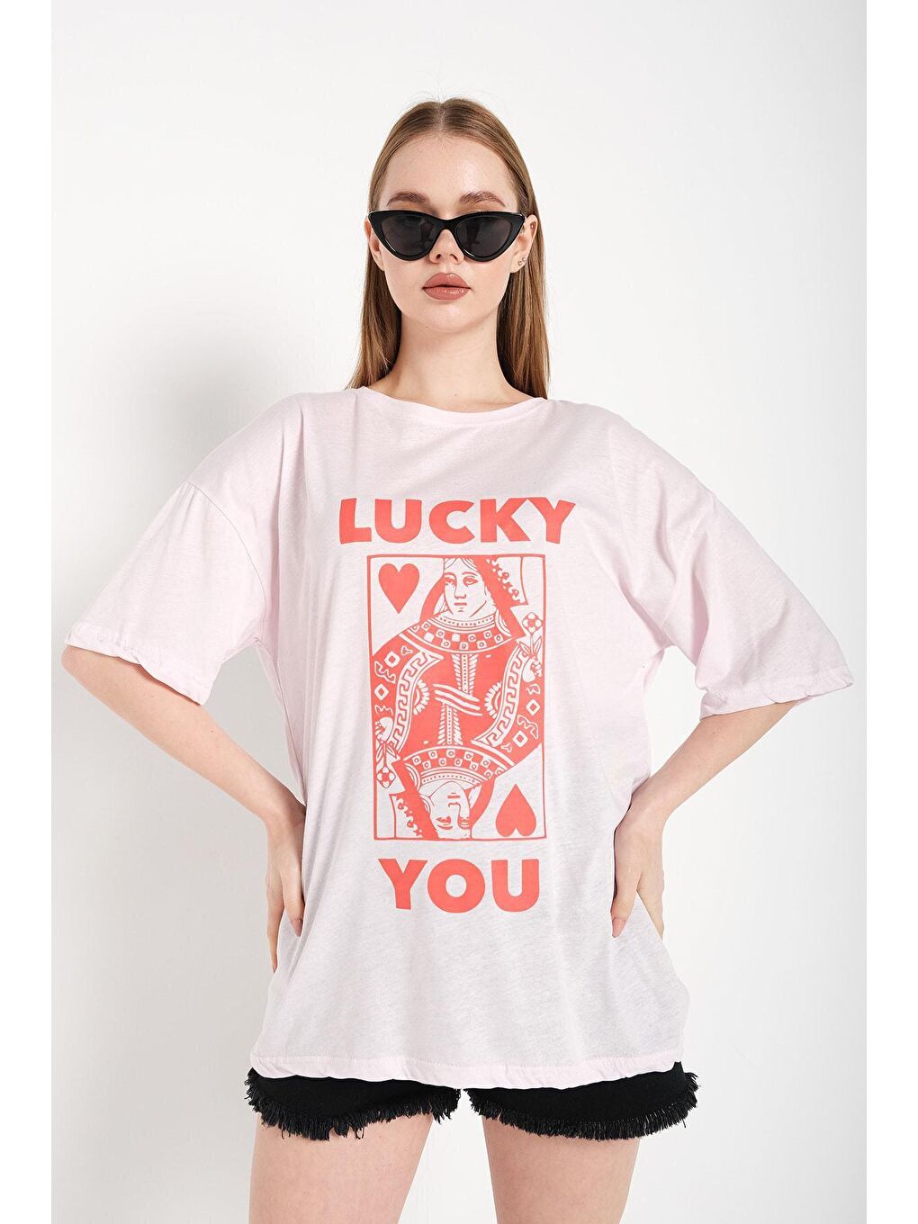 Trendseninle Pembe Kadın Oversize Pudra Pembe Lucky You Baskılı Tişört - 1