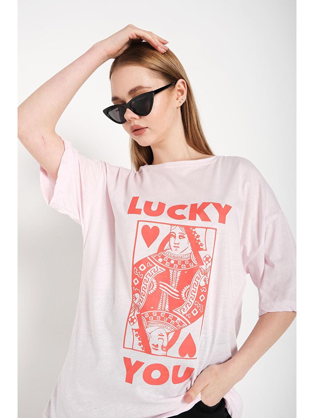 Trendseninle Pembe Kadın Oversize Pudra Pembe Lucky You Baskılı Tişört - 2