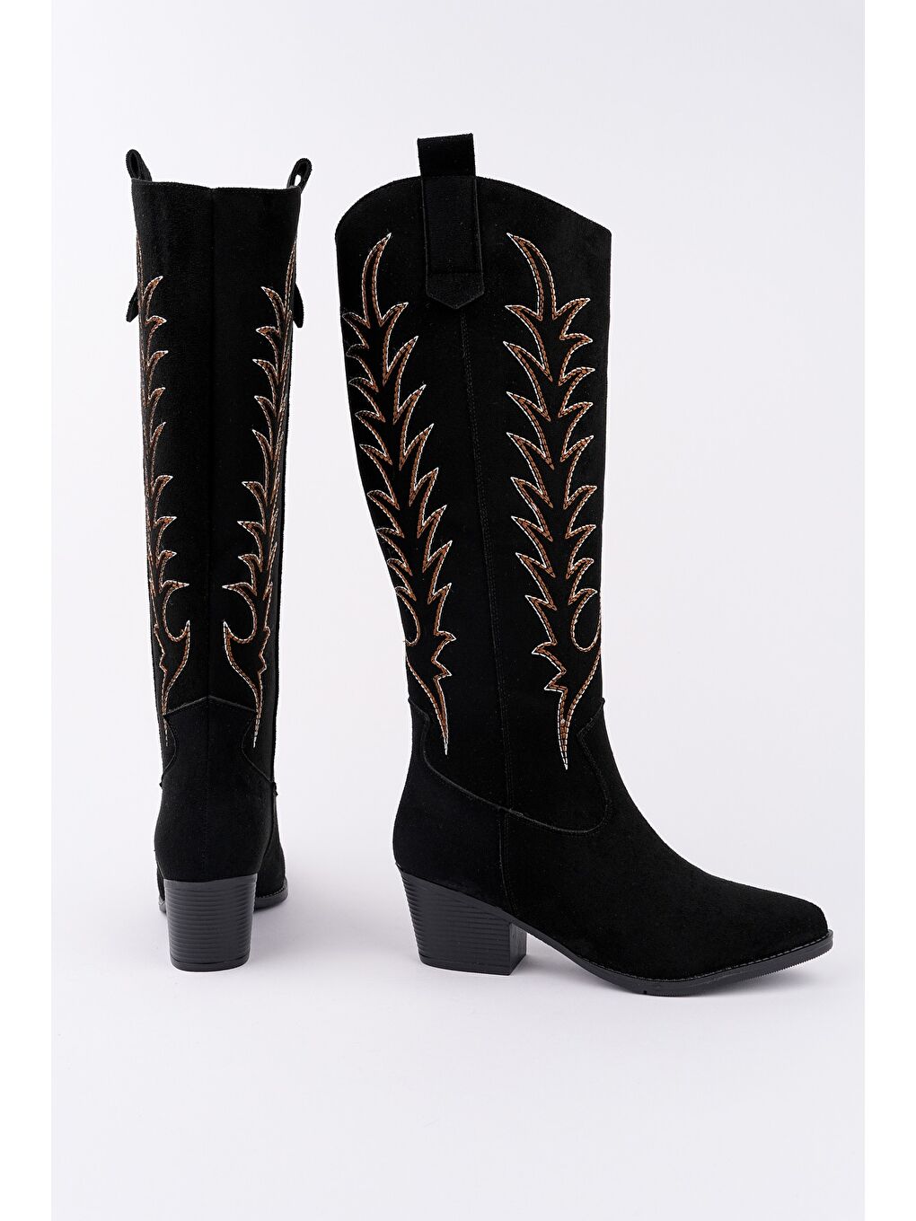 Siyah TEXAS Sivri Burun Nakışlı Kalın Topuklu Kadın Kovboy Western Çizme-1