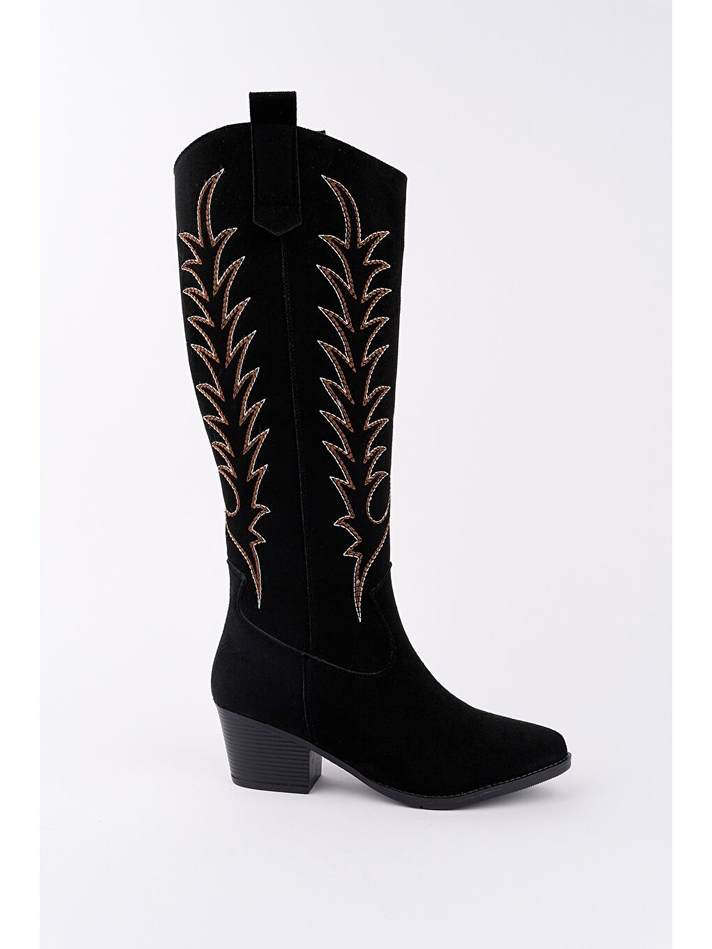 Siyah TEXAS Sivri Burun Nakışlı Kalın Topuklu Kadın Kovboy Western Çizme-2