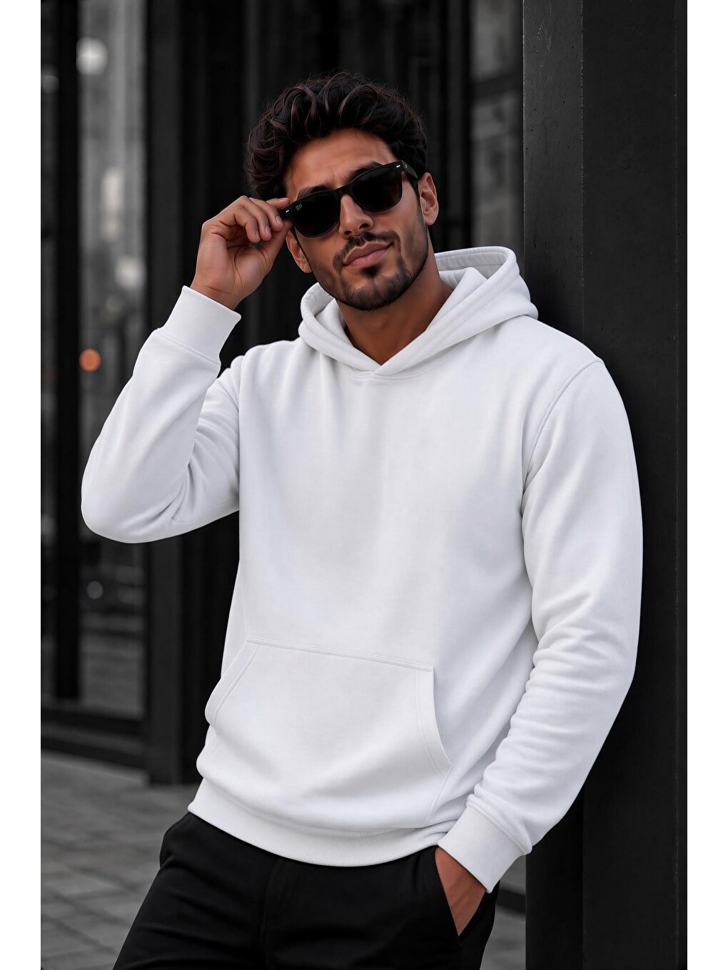 Beyaz Bery Erkek İki İplik Şardonlu Kapüşonlu Basic Sweatshirt | Kanguru Cepli Düz Renk Günlük Hoodie