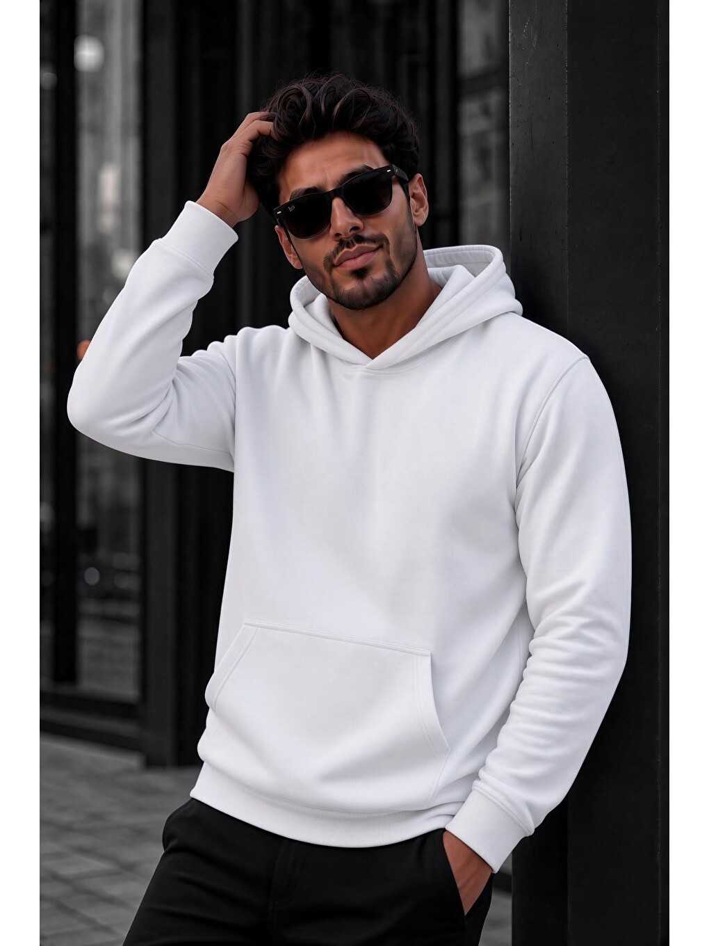Beyaz Bery Erkek İki İplik Şardonlu Kapüşonlu Basic Sweatshirt | Kanguru Cepli Düz Renk Günlük Hoodie-1