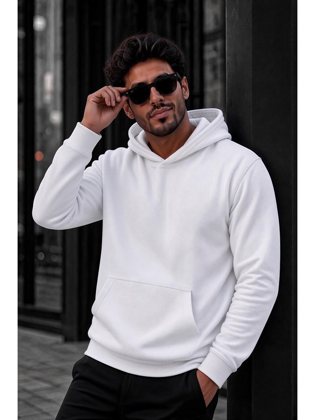 Beyaz Bery Erkek İki İplik Şardonlu Kapüşonlu Basic Sweatshirt | Kanguru Cepli Düz Renk Günlük Hoodie-2