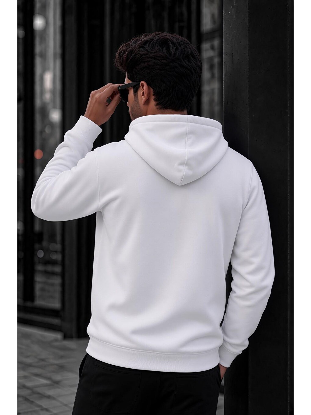 Beyaz Bery Erkek İki İplik Şardonlu Kapüşonlu Basic Sweatshirt | Kanguru Cepli Düz Renk Günlük Hoodie-3