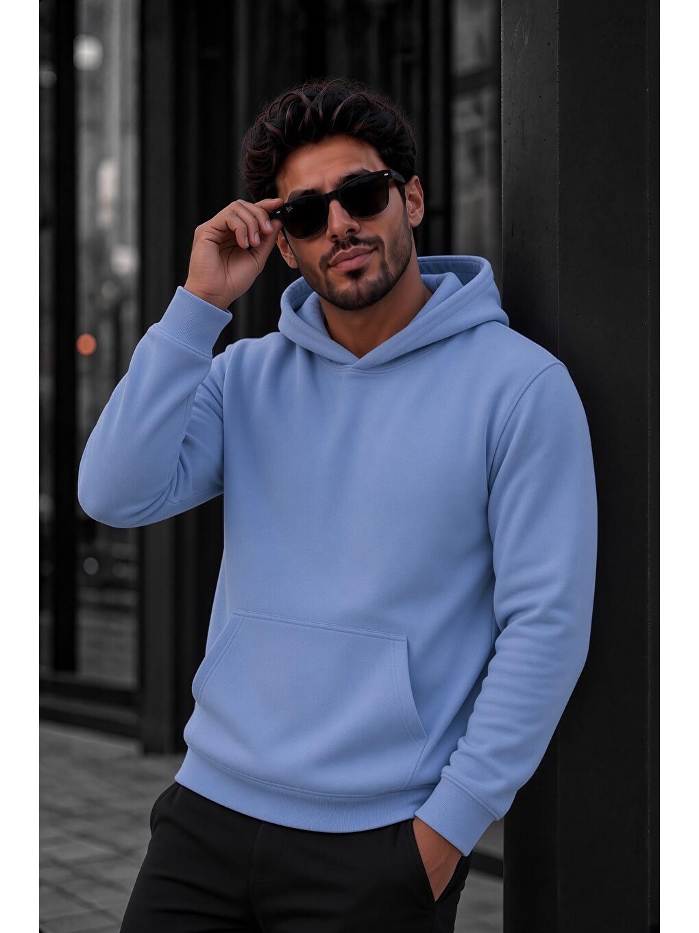 Turkuaz Bery Erkek İki İplik Şardonlu Kapüşonlu Basic Sweatshirt | Kanguru Cepli Düz Renk Günlük Hoodie-1