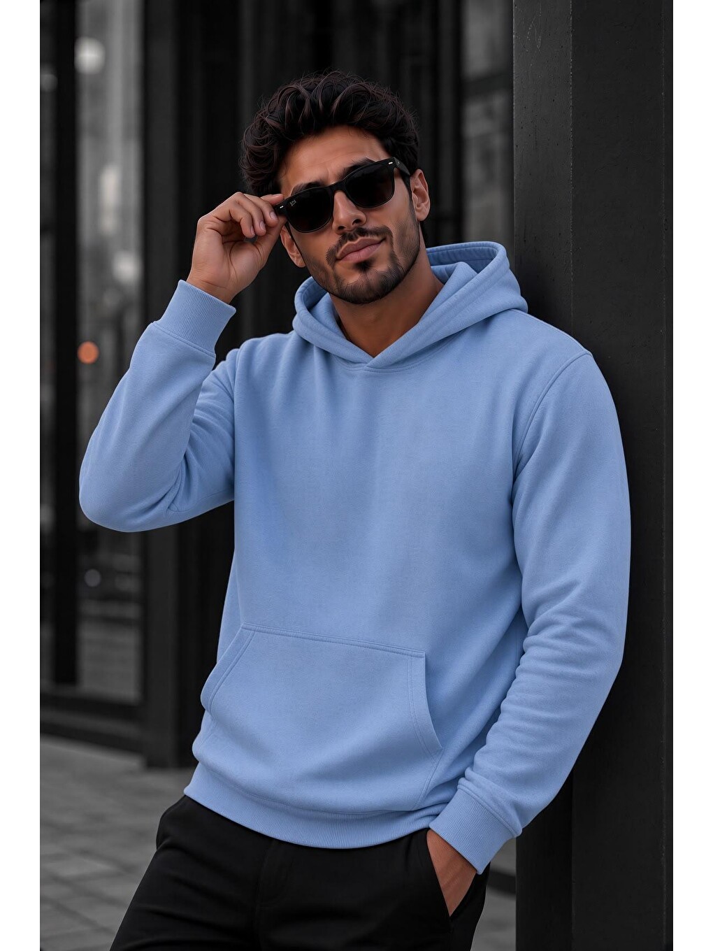 Turkuaz Bery Erkek İki İplik Şardonlu Kapüşonlu Basic Sweatshirt | Kanguru Cepli Düz Renk Günlük Hoodie-2