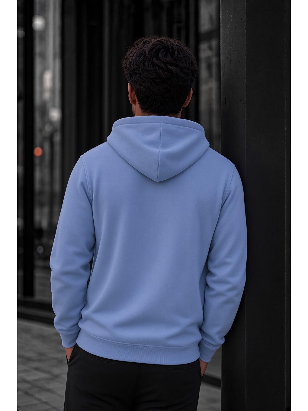 Turkuaz Bery Erkek İki İplik Şardonlu Kapüşonlu Basic Sweatshirt | Kanguru Cepli Düz Renk Günlük Hoodie-3
