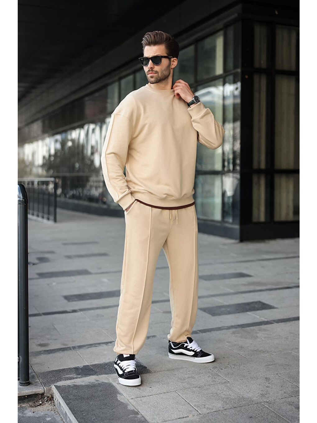 Bej Bisiklet Yaka Basic Erkek Eşofman Takımı E7323-1