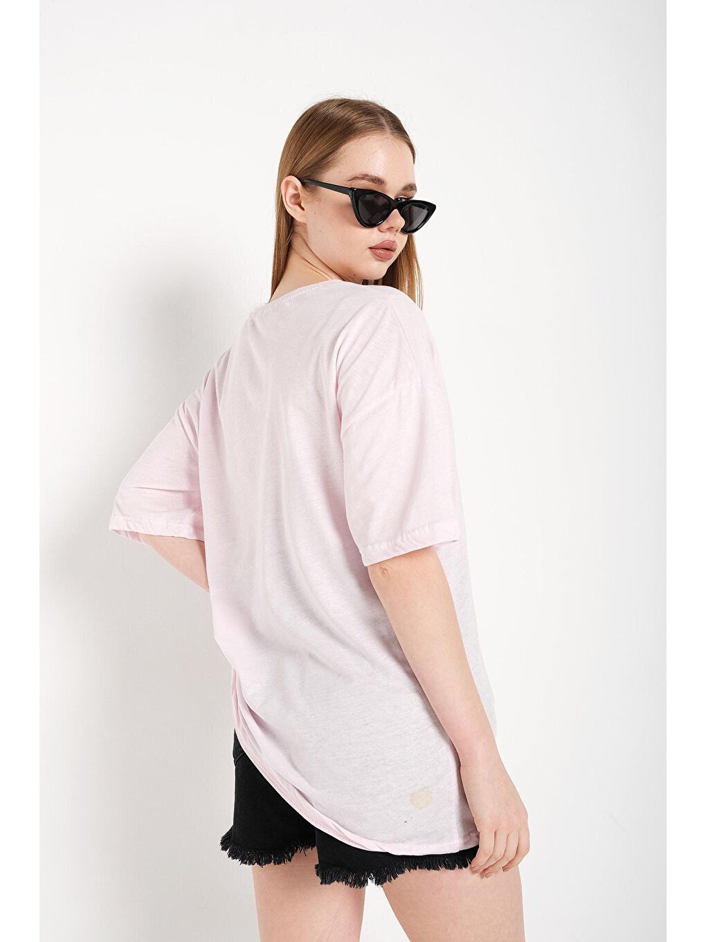 Trendseninle Pembe Kadın Oversize Pudra Pembe Lucky You Baskılı Tişört - 3