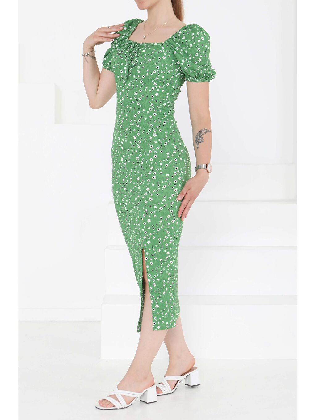 Yeşil Prenses Kol Yırtmaçlı Elbise Yesil - 27291-3