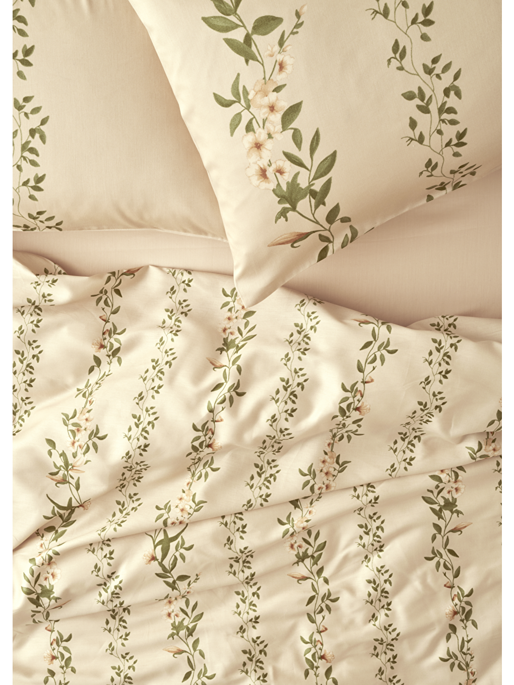 %100 Pamuk Saten Flora Çift Kişilik Nevresim Takımı Bej (200x220 cm)-1