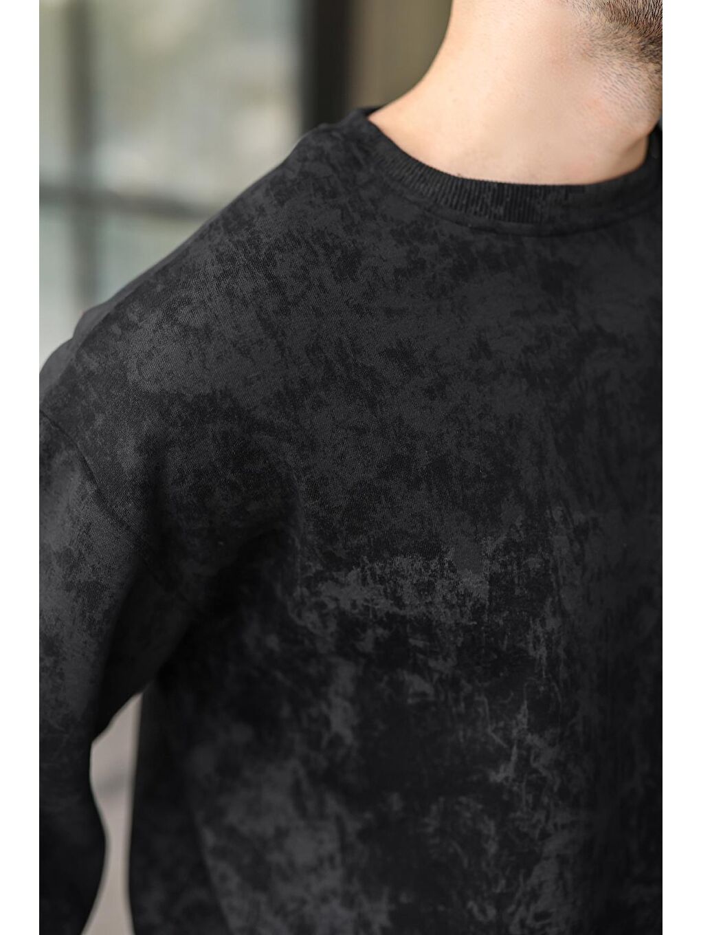 Siyah Bisiklet Yaka Batik Desenli Erkek Sweatshirt Pantolon Takım E7344-3