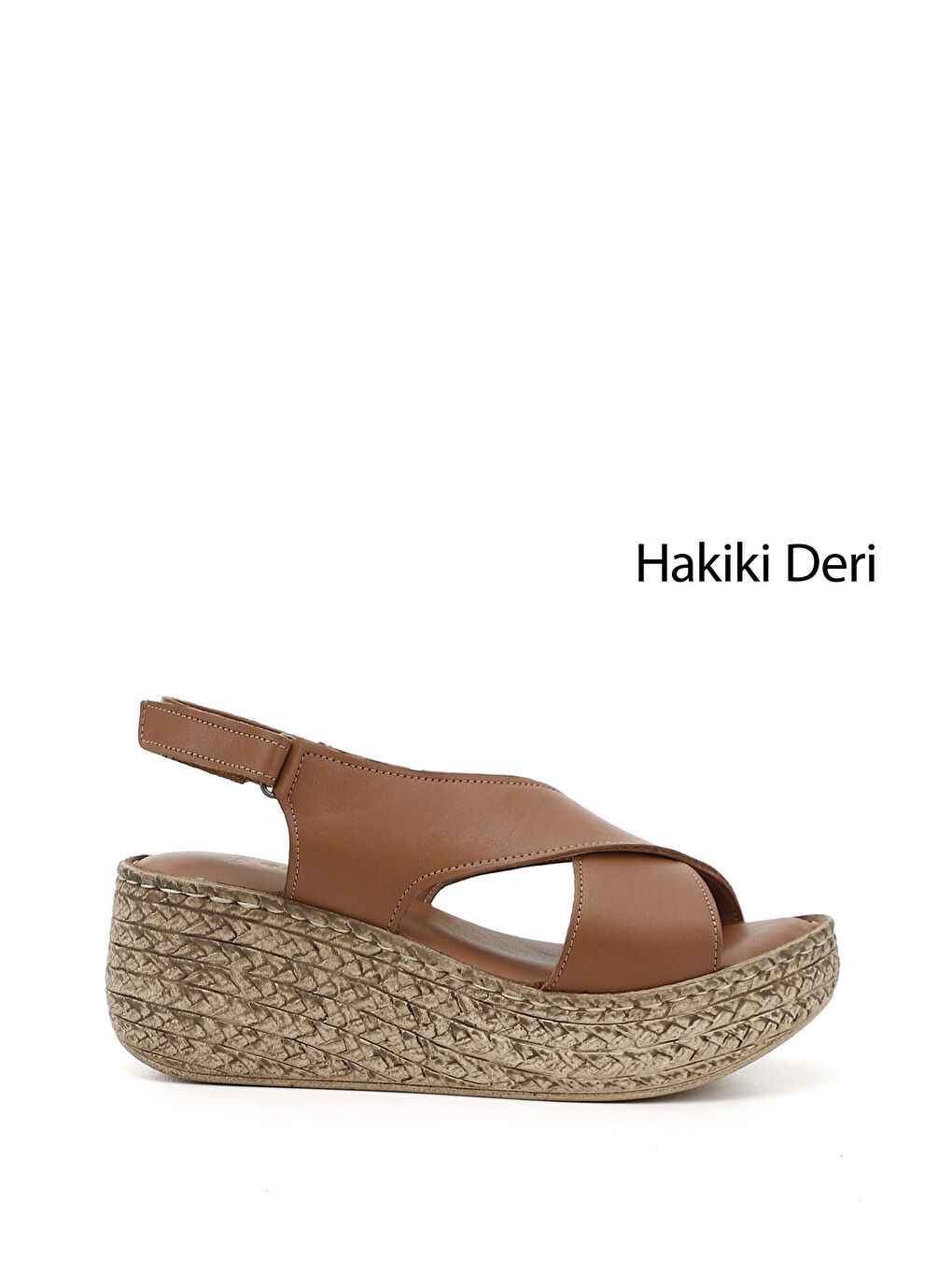 Kahverengi Kadın Cırt Bantlı Dolgu Tabanlı Hakiki Deri Sandalet