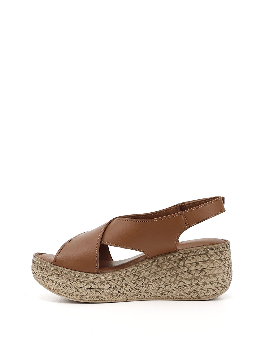 Kahverengi Kadın Cırt Bantlı Dolgu Tabanlı Hakiki Deri Sandalet-2