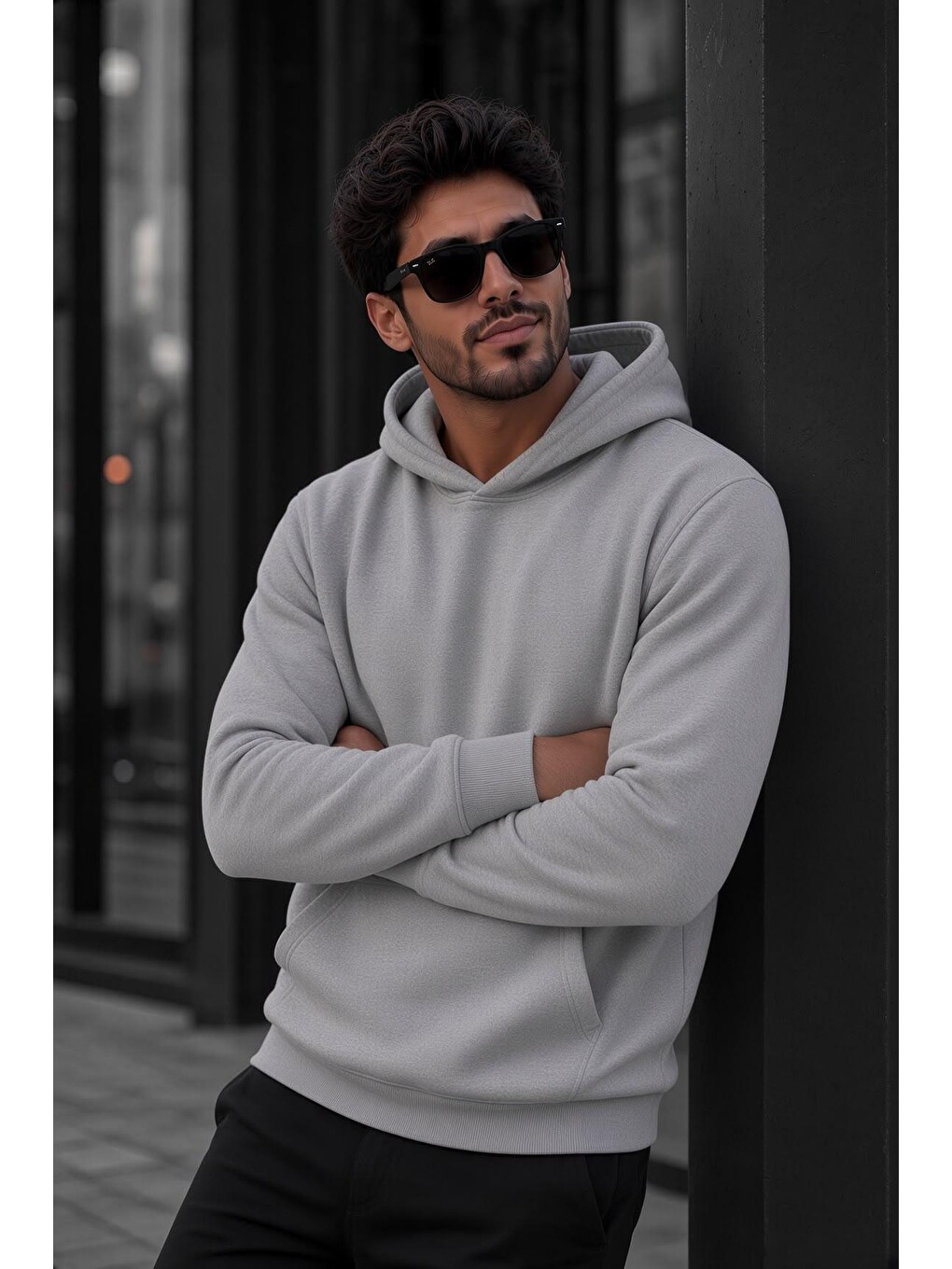 Gri Bery Erkek İki İplik Şardonlu Kapüşonlu Basic Sweatshirt | Kanguru Cepli Düz Renk Günlük Hoodie