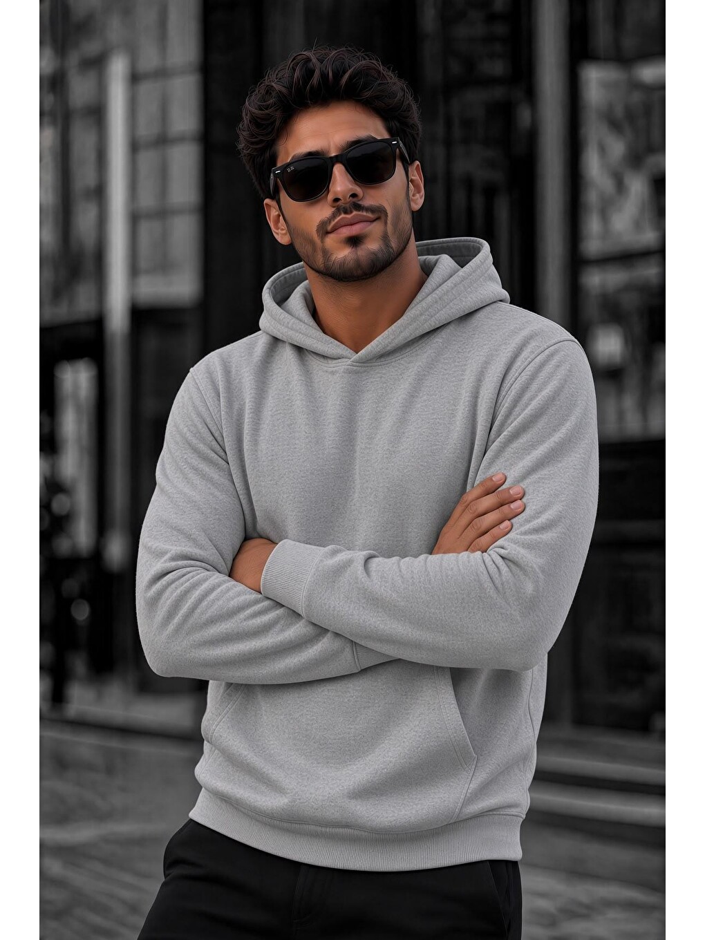 Gri Bery Erkek İki İplik Şardonlu Kapüşonlu Basic Sweatshirt | Kanguru Cepli Düz Renk Günlük Hoodie-1