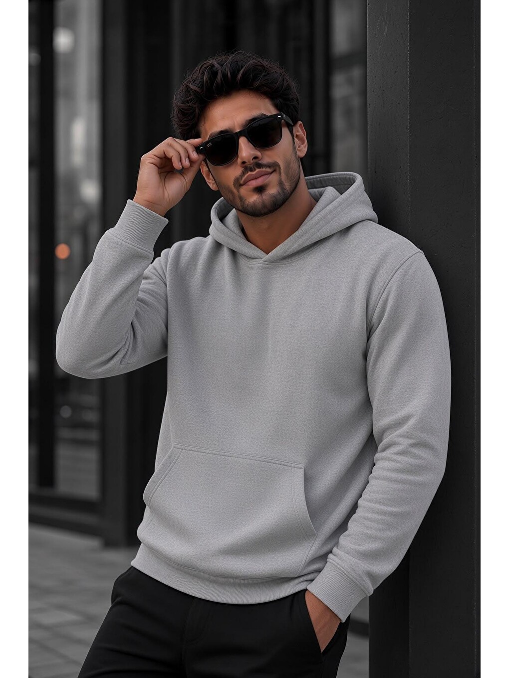 Gri Bery Erkek İki İplik Şardonlu Kapüşonlu Basic Sweatshirt | Kanguru Cepli Düz Renk Günlük Hoodie-2